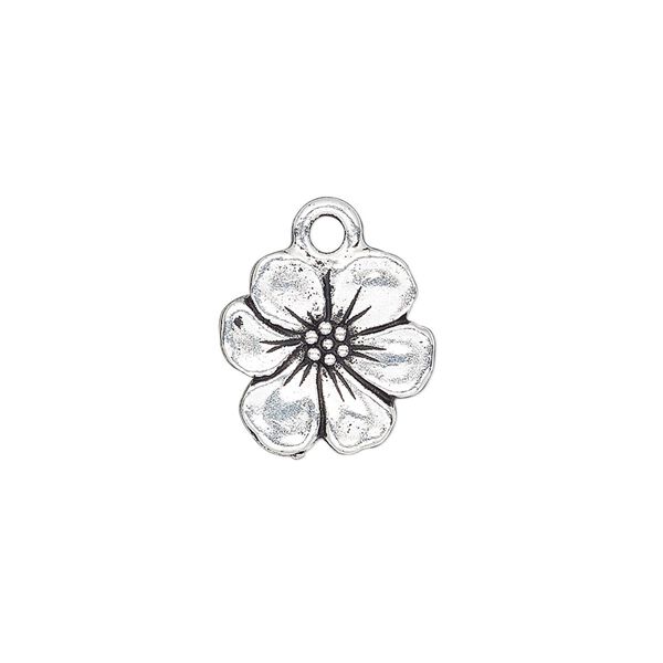Charm, TierraCast®, antique silver-plated pewter (tin-based alloy), 14mm double-sided flower. Sold per pkg of 20. image number 0