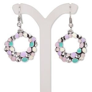 Earring, enamel / glass rhinestone / antique silver-finished brass / "pewter" (zinc-based alloy), multicolored, 43mm with open oval and fishhook ear wire. Sold per pair.