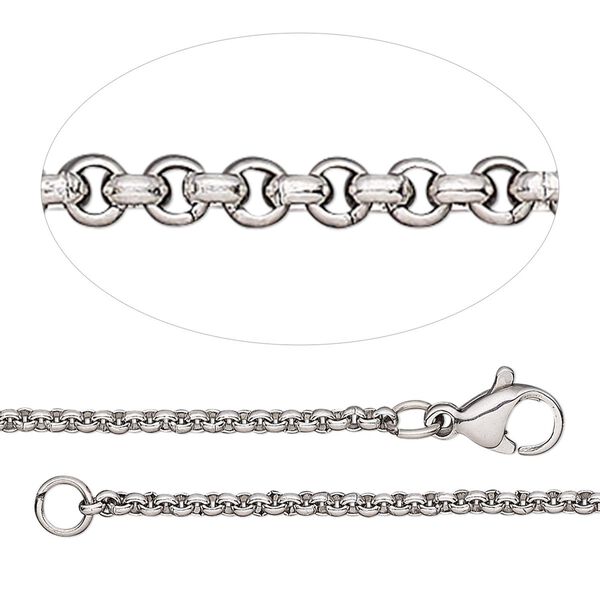 Chain, stainless steel, 2mm rolo, adjustable at 16 and 18 inches with lobster claw clasp. Sold individually. image number 0