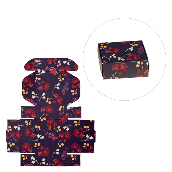 Box, paper, multicolored, 3x3x1-inch unassembled square with ginkgo biloba flower design. Sold per pkg of 10. image number 0