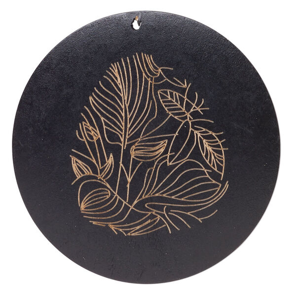 Focal, wood (natural / dyed), black and tan, 58-60mm top-drilled carved round with leaf. Sold individually. image number 0