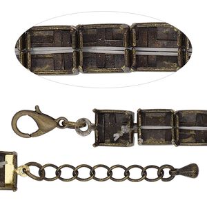 Bracelet component, antique brass-finished brass and steel, 8mm wide cupchain with (20) SS39 rivoli settings, 7 inches with 1-inch extender chain and lobster claw clasp. Sold individually.