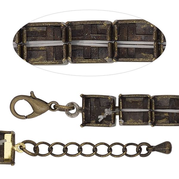 Bracelet component, antique brass-finished brass and steel, 8mm wide cupchain with (20) SS39 rivoli settings, 7 inches with 1-inch extender chain and lobster claw clasp. Sold individually. image number 0