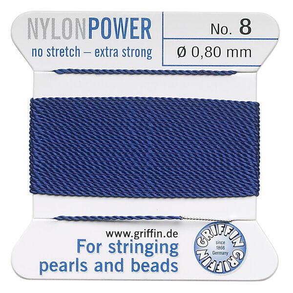 Thread, Griffin, nylon, dark blue, size #8. Sold per 2-meter card (approximately 78 inches). image number 0