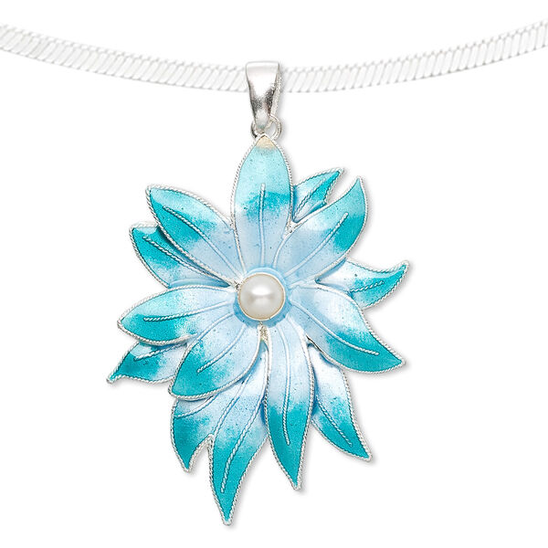 Pendant, pearl (imitation) / enamel / sterling silver, turquoise blue and white, 40x30mm flower. Sold individually. image number 0