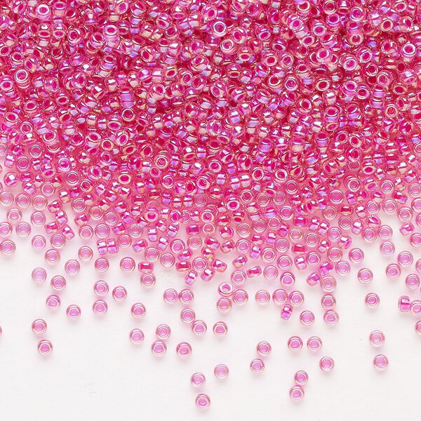 Seed bead, Miyuki, glass, pkg/35g, #15 rocaille, translucent hot pink-lined rainbow crystal clear (RR-355). image number 0