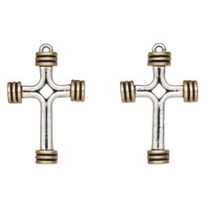 Focal, antique silver-finished antique gold-finished "pewter" (zinc-based alloy), 37x26mm cross with cutout design. Sold per pkg of 2.