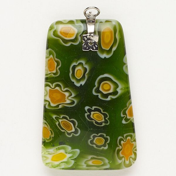 Focal 1pkg1 silver-finished steel and millefiori glass, translucent and transparent green / yellow-orange / white, 38x23mm-39x24mm puffed trapezoid. image number 0