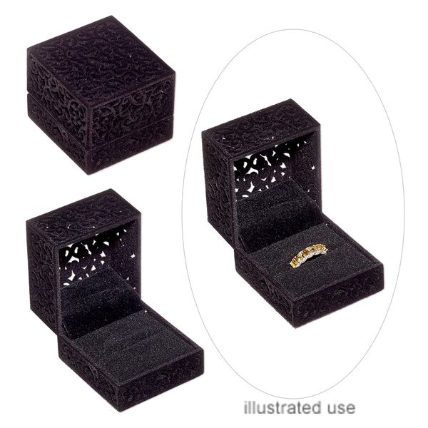 Box, ring, flocked and padded velveteen / acrylic / steel, black, 2-3/8 x 2-1/4 x 1-8/9 inch hinged rectangle. Sold individually. image number 0