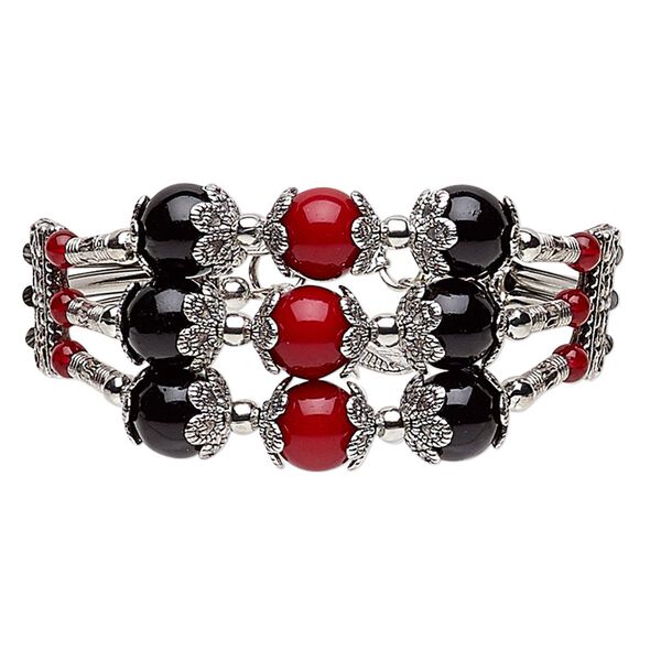 Bracelet, 3-strand, glass / silver- / antique silver-plated steel / "pewter" (zinc-based alloy), red and black, 31mm wide with 24x8mm feather dangle, 6-1/2 inches with 1-1/2 inch extender chain and lobster claw clasp. Sold individually. image number 0