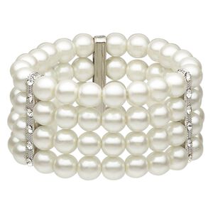 Bracelet, 4-strand stretch, acrylic / glass rhinestone / silver-plated "pewter" (zinc-based alloy), white and clear, 10mm round, 7-1/2 inches. Sold individually.