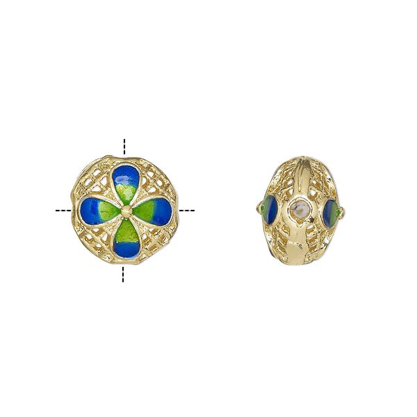 Bead, gold-finished brass and enamel, light green and blue, 11mm cross-drilled puffed round with filigree and flower design. Sold individually. image number 0