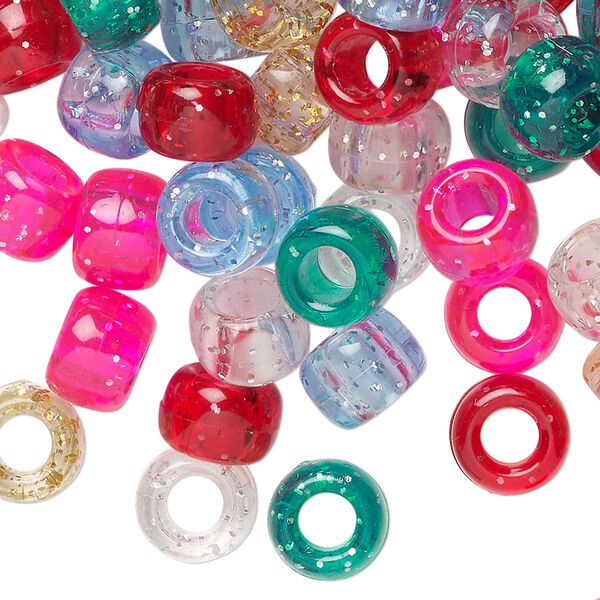 Pony bead mix, acrylic, multicolored with glitter, 9x6mm. Sold per pkg of 500. image number 0