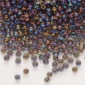 Seed bead, glass, pkg/50g, #8 rocaille, opaque AB color-lined copper black diamond.