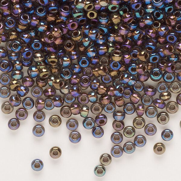 Seed bead, glass, pkg/50g, #8 rocaille, opaque AB color-lined copper black diamond. image number 0