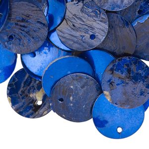 Drop, mussel shell (dyed / coated), dark blue, 15mm flat round. Sold per pkg of 100.