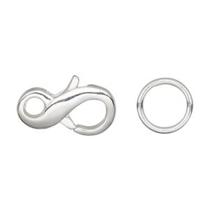 Clasp, lobster claw, silver-plated brass, 21x11mm infinity with (4) 12mm closed jump ring. Sold per pkg of 4.
