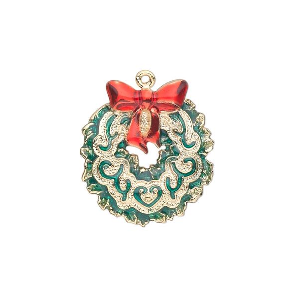 Charm, gold-finished "pewter" (zinc-based alloy) and enamel, red and green, 22x20mm single-sided wreath with bow. Sold individually. image number 0