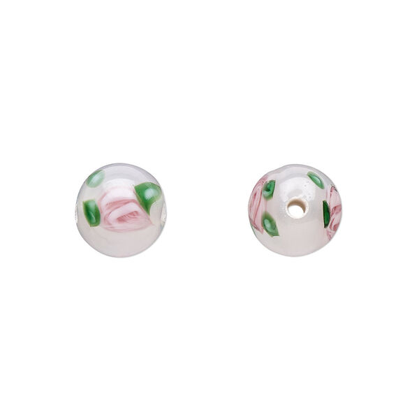 Bead, Czech lampworked glass, opaque white / pink / green, 8-9mm round with flower design. Sold per pkg of 6. image number 0