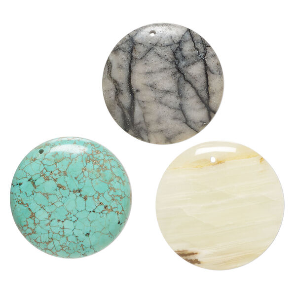 Multi-gemstone 1pkg3, top-drilled domed round flatback focal mix 37-41mm image number 0
