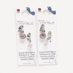 Drop, silver-finished "pewter" (zinc-based alloy) / steel / glass, pink, 22x7mm single-sided and 24x9mm single-sided with lobster claw clasp. Sold per pkg of (2) 2-piece sets.