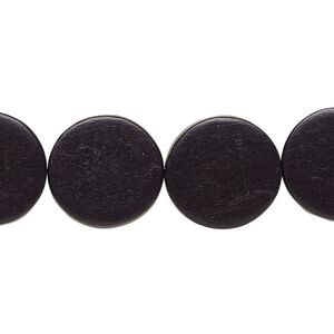 Bead, wood (dyed / waxed), black, 15mm flat round. Sold per 15-1/2" to 16" strand.