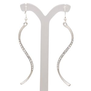 Earring, Czech glass rhinestone with imitation rhodium-plated brass and "pewter" (zinc-based alloy), clear, 3 inches with scratched ribbon and fishhook ear wire. Sold per pair.