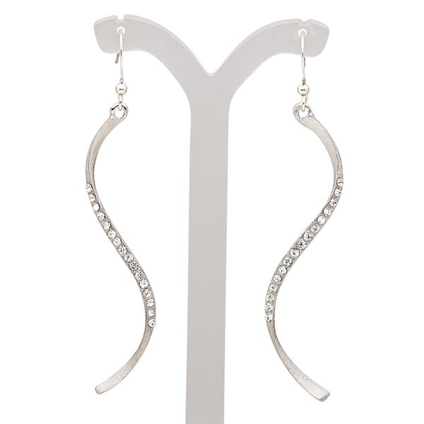 Earring, Czech glass rhinestone with imitation rhodium-plated brass and "pewter" (zinc-based alloy), clear, 3 inches with scratched ribbon and fishhook ear wire. Sold per pair. image number 0