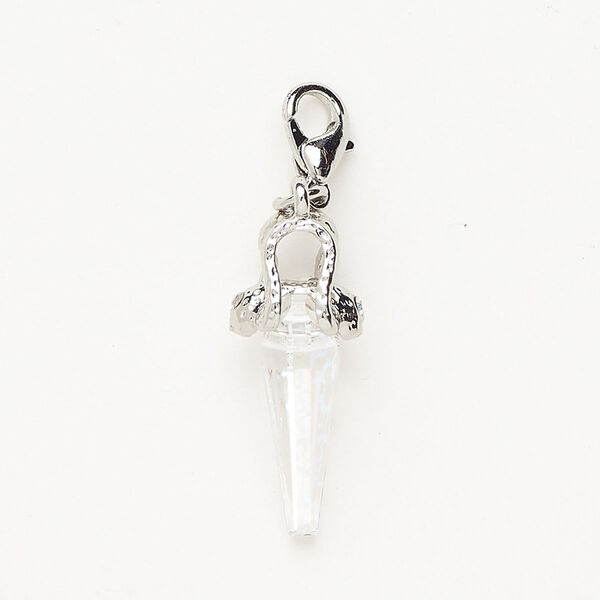 Drop "pewter" (zinc-based alloy) / glass 1pkg1 24x10mm spike, antique silver finish/ clear AB lobster claw clasp image number 0
