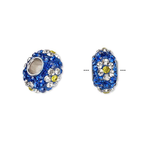 Bead, Dione®, Czech glass rhinestone / epoxy / imitation rhodium-plated brass grommet, blue / clear / light yellow, 13x8mm-14x8mm rondelle with flower design. Sold individually. image number 0
