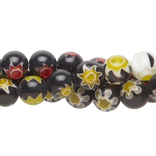 Bead, millefiori glass, opaque and translucent black and multicolored, 8mm round. Sold per pkg of (3) 14-inch strands. image number 0