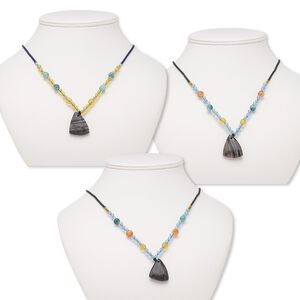 Multi-gemstone / acrylic / glass 1pkg3, triangle pendant necklace mix continuous loop 20 inch 30x26x20mm-30x28x21mm
