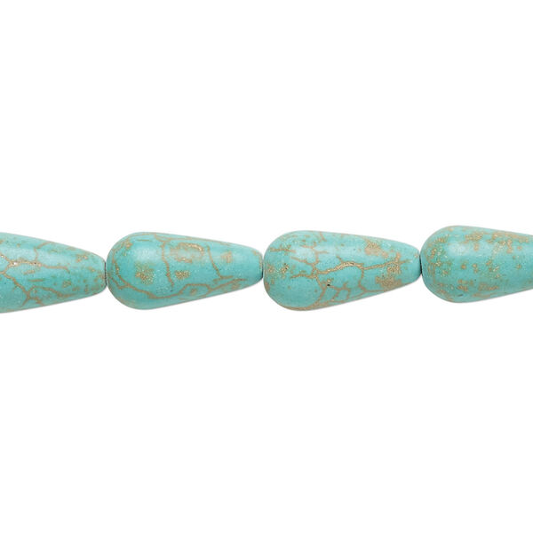 Bead, magnesite (dyed / stabilized), light teal green, 13x7mm-14x7mm teardrop, C grade, Mohs hardness 3-1/2 to 4. Sold per 15-inch strand. image number 0