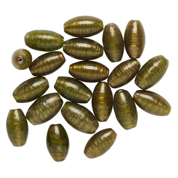 Bead, lampworked glass, translucent dark yellow-green, 25x14mm oval with copper-colored glitter. Sold per pkg of 20. image number 0