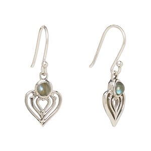 Earring, Create Compliments®, antiqued sterling silver and labradorite (natural), fishhook, 28.5mm with 15x9mm single-sided heart, 21 gauge. Sold per pair.