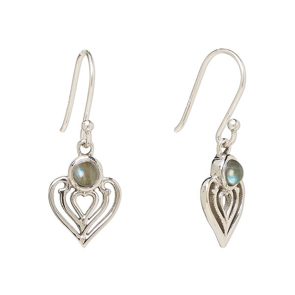 Earring, Create Compliments®, antiqued sterling silver and labradorite (natural), fishhook, 28.5mm with 15x9mm single-sided heart, 21 gauge. Sold per pair. image number 0