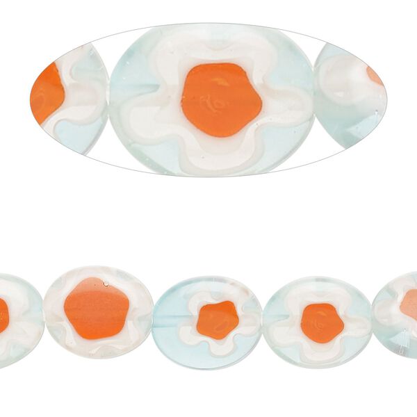 Bead, millefiori glass, translucent pale blue / red-orange / white, 12x10mm puffed oval with single  flower design. Sold per 14-inch strand. image number 0