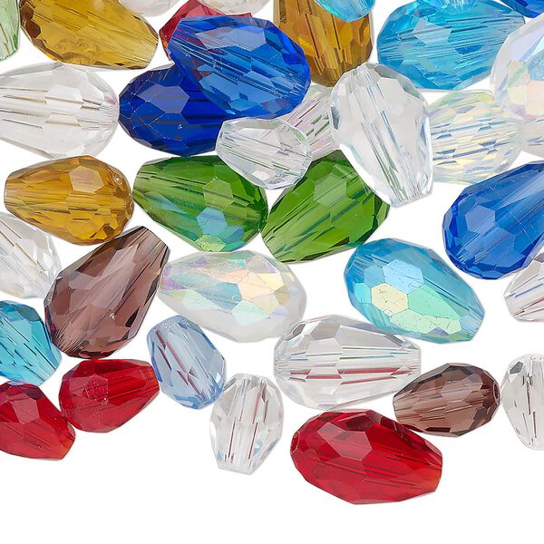 Bead mix, glass, translucent and transparent mixed colors, 8x6mm / 10x7mm / 12x8mm faceted teardrop. Sold per 2-ounce pkg, approximately 100 beads. image number 0