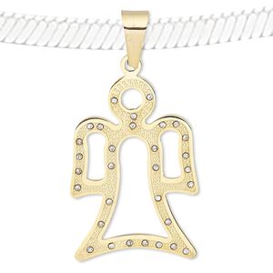 Pendant, glass rhinestone and gold-finished stainless steel, clear, 39x24mm open angel. Sold individually.
