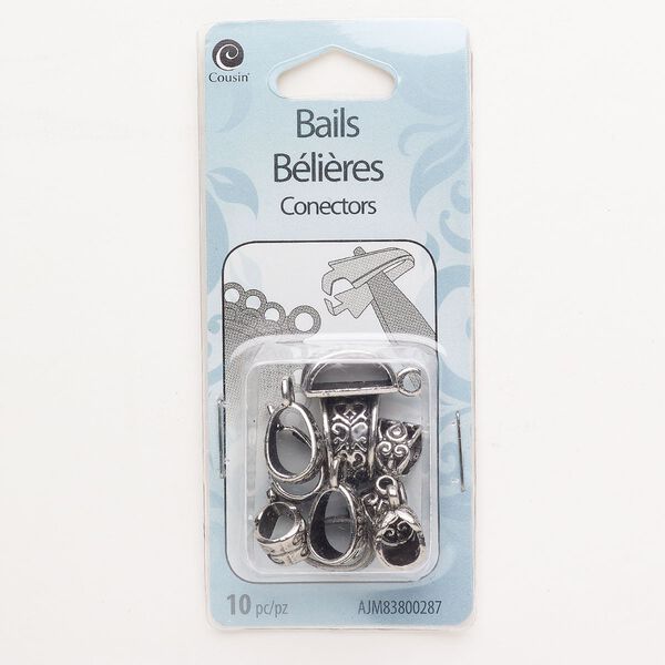 Bail assortment, "pewter" (zinc-based alloy), pkg/10, antique silver finish, 10x8mm / 13x7mm / 14x10mm. image number 0