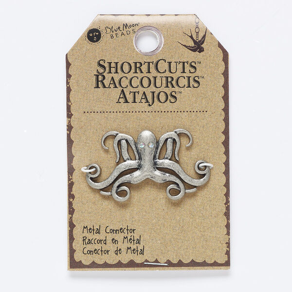 Focal, acrylic and antique nickel-finished "pewter" (zinc-based alloy), clear AB, 46x26mm octopus. Sold individually. image number 0