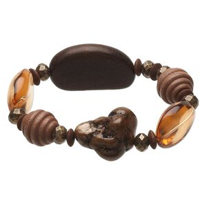 Bracelet, stretch, wood (dyed) / magnesite (dyed / stabilized) / resin / antique brass-coated plastic, multi-brown, 24mm wide with multi-shape, 6-1/2 inches. Sold individually.