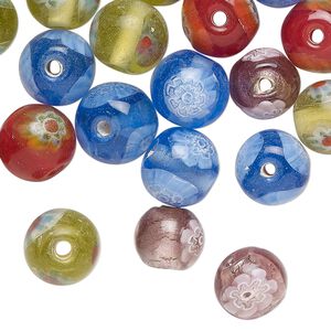Bead mix, glass, translucent mixed colors, 8-10mm round flower design. Sold per 2-ounce pkg, approximately 45 beads.