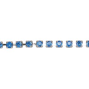 Cupchain, VINTAGE Crystal™, imitation rhodium-plated brass and crystal, Capri blue, 3.2mm round. Sold per pkg of 1 meter.