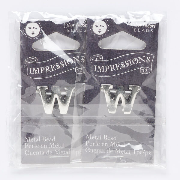 Bead, silver-finished "pewter" (zinc-based alloy), 18x13mm top-drilled letter "W" with 2mm hole. Sold per pkg of 2. image number 0