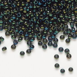 Seed bead, Miyuki, glass, pkg/50g, #8 rocaille, opaque metallic iris forest green (RR-453).
