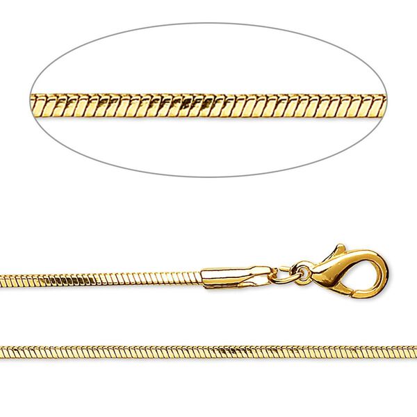 Chain, gold-finished brass, 1mm square snake, 18 inches with 1-inch extender chain and lobster claw clasp. Sold per pkg of 2. image number 0