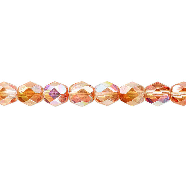 Bead, Czech fire-polished glass, two-tone clear AB and apricot medium, 6mm faceted round. Sold per 15-1/2" to 16" strand. image number 0