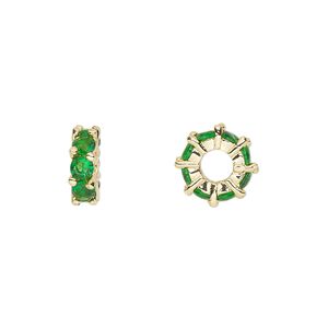 Bead, cubic zirconia and gold-plated brass, emerald, 10.5x3.5mm rondelle. Sold per pkg of 2.
