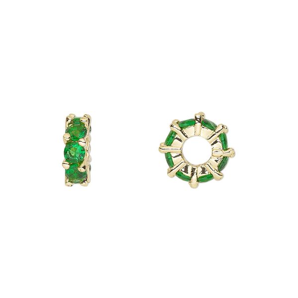 Bead, cubic zirconia and gold-plated brass, emerald, 10.5x3.5mm rondelle. Sold per pkg of 2. image number 0